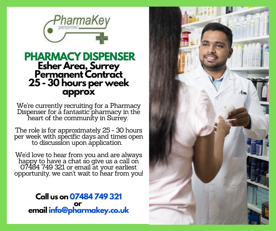 Fantastic new Dispenser role available in wonderful community pharmacy in Surrey! Please let us know if of interest to you and all shares really appreciated! Have a wonderful day ahead everyone! 😀

#pharmacydispenser #dispenser #surreyjobs #pharmacyjobs #communitypharmacy