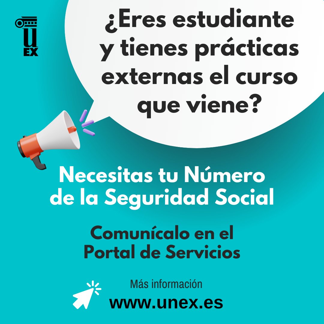 ✅¿Eres estudiante y tienes prácticas externas el curso que viene? 

⚠ Si comienzas el curso 2024-2025 con prácticas externas, es imprescindible solicitar y comunicar tu propio número de la seguridad social (NUSS) antes del 26 de julio

unex.es/organizacion/g…