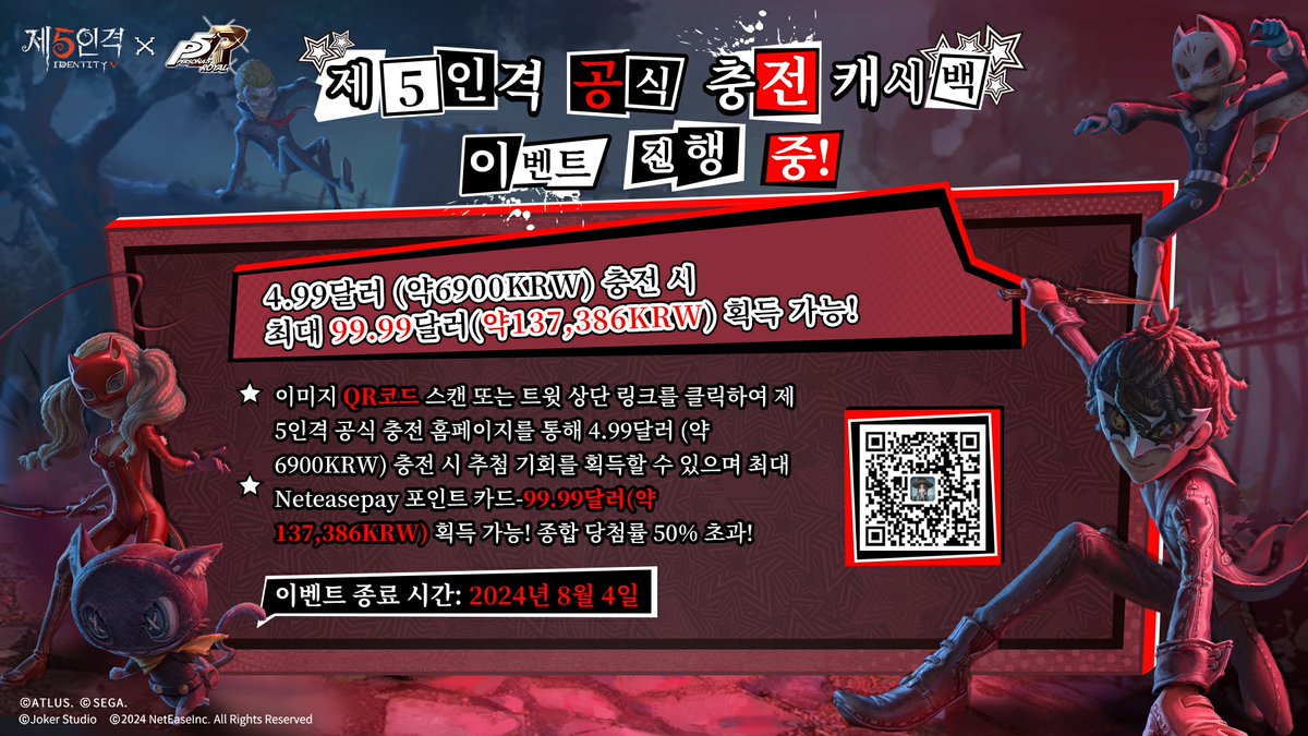 제5인격x페르소나 5 더 로열 컬래버 기간 한정 공식 충전 캐시백 이벤트 진행 중! 최대 Neteasepay 포인트 카드-99.99달러  획득 가능하며 종합 당첨률 50% 초과한다네~ 링크: https://t.co/61zwyaSNg7 8월 4일까지 진행되니 꼭 놓치지  마시게나~ #제5인격 #