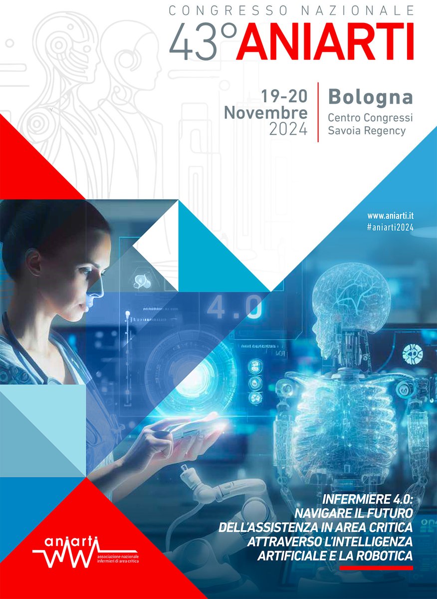 PromotionSrl's tweet photo. 43° Congresso Nazionale ANIARTI - Infermiere 4.0: navigare il futuro dell’assistenza in area critica attraverso l’intelligenza artificiale e la robotica  

Bologna, 19/20 Novembre 2024

Programma: https://t.co/FhZ3oRKs0u
Iscrizioni: https://t.co/yFzW0jWsHs #aniarti2024 https://t.co/uFKEGYwV8l