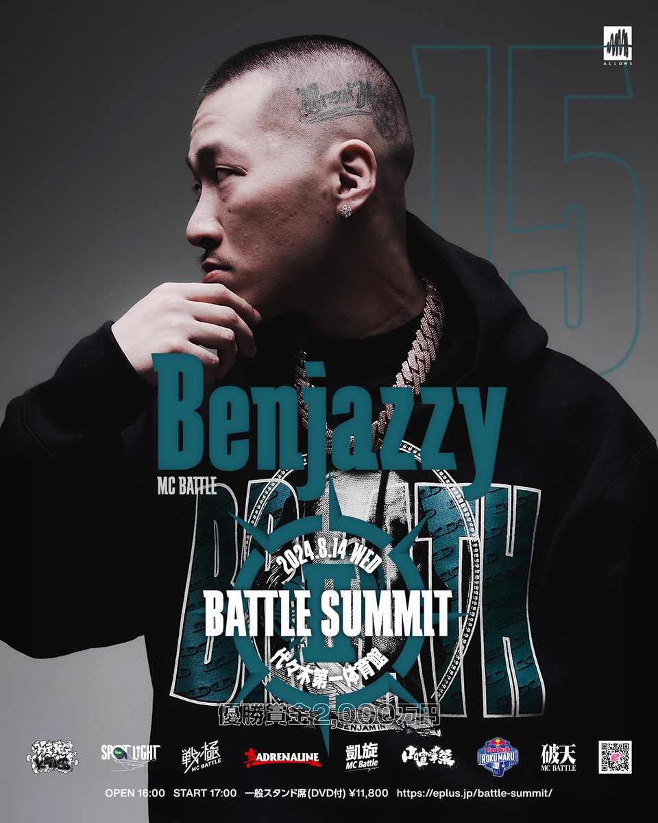 BATTLE SUMMIT Ⅱ
🗓️8月14日（水曜日）
会場　代々木第一体育館
Open16時
🏆優勝賞金2000万円🏆

トーナメント15人目は…
            🔥Benjazzy🔥

※ファストパスチケットはSOLD OUTしております。
⚠️一般チケットも残り少量です
🎫チケット購入はこちらから↓
eplus.jp/sf/detail/3579…