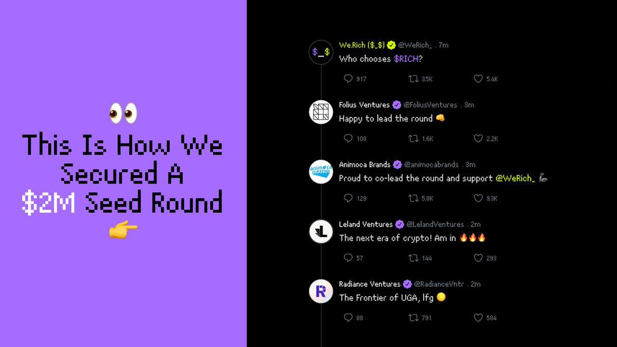 🟣 We’re proud to announce that We.Rich has completed a $2M Seed Round led by <a href="/FoliusVentures/">Folius Ventures</a> &amp; <a href="/animocabrands/">Animoca Brands</a> , followed by <a href="/LelandVentures/">Leland Ventures 🐣</a> &amp; <a href="/RadianceVntr/">Radiance Ventures</a> .

🟡 UGA (User Generated Asset) is ready to take off. We.Rich enables anyone to be a