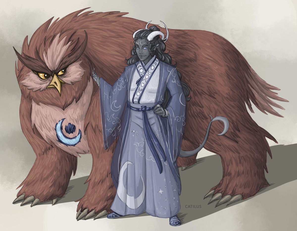 CatilusArt's tweet photo. Solace, Tiefling Twilight Cleric, and Asta the Owlbear

#Catilus #Patreon #dnd #DnDcharacter #art #fantasy #roleplay #RPG #TTRPG #magic #commission #tiefling #cleric #owlbear #cute #hotguy https://t.co/taxizEy8IK