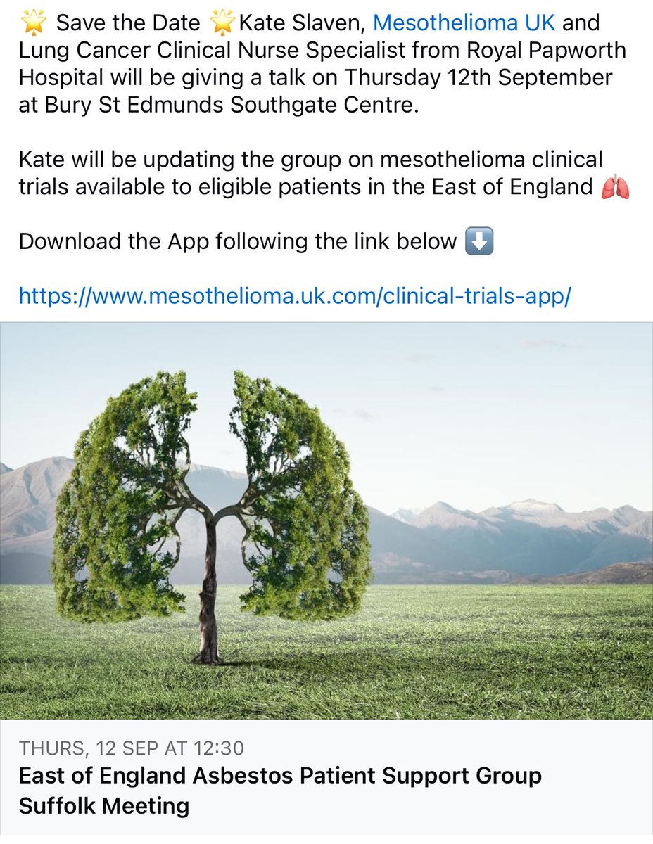 East of England Asbestos Patient Support Group (@eeasbestos) on Twitter photo We hope to see lots of you in September for our mesothelioma clinical trials update from <a href="/Mesouk/">Mesothelioma UK</a> <a href="/kateslaven13/">Kate</a> specialist nurse based <a href="/RoyalPapworth/">Royal Papworth Hospital NHS FT π</a> at the Bury St Edmunds Southgate Centre on 12th September. <a href="/WestSuffolkNHS/">West Suffolk NHS FT π³οΈβπ</a> <a href="/stnichhospice/">St Nicholas Hospice Care</a> π« We hope to see lots of you in September for our mesothelioma clinical trials update from <a href="/Mesouk/">Mesothelioma UK</a> <a href="/kateslaven13/">Kate</a> specialist nurse based <a href="/RoyalPapworth/">Royal Papworth Hospital NHS FT π</a> at the Bury St Edmunds Southgate Centre on 12th September. <a href="/WestSuffolkNHS/">West Suffolk NHS FT π³οΈβπ</a> <a href="/stnichhospice/">St Nicholas Hospice Care</a> π«