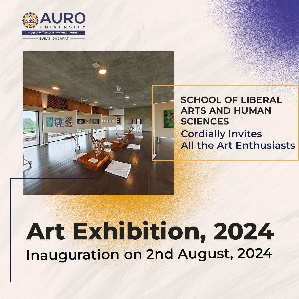 AuroUniversity's tweet photo. Calling all #art enthusiasts! Our School of #LiberalArts & #HumanSciences is proud to present its annual #Artexhibition in collaboration with #SAILC. Explore a breathtaking showcase of talent, from traditional to contemporary art. Join us for an unforgettable experience. https://t.co/nCQdvLJVRR
