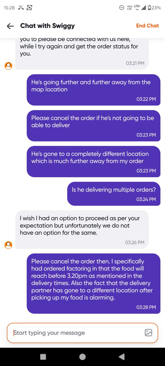 mondulet's tweet photo. Hi @SwiggyCare, I had placed the order 1hr ago. It showed me delivery of 35mins. Although the order was picked up before 3pm the order is yet to be delivered. 

Further the driver went to a different location after picking my order and your customer support  is well..arrogant https://t.co/2KU9d8vUpj