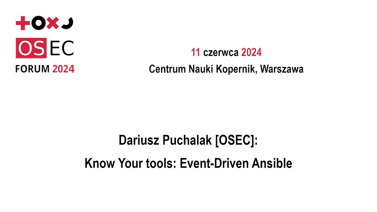 osec_pl's tweet image. Dariusz Puchalak z OSEC, w prelekcji o Event-Driven Automation czyli automatyzacji zainicjowanej zdarzeniowo.
Podejście proaktywne w monitoringu infrastruktury, zarządzaniu bezpieczeństwem i automatyzacji #DevOps #EventDrivenAnsible #Automation 
Nagranie - youtu.be/bJENikneK3I