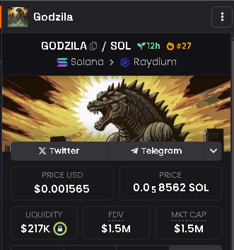 GodzilaToken's tweet photo. $GODZILA is a hot pair on DexScreener! 

🦖 ca: 8BGYoTGUfot64uQR6Xx8nU4s7NEYEsjWT3DSB52uKifq

#Solana #Crypto #Listing #Godzilla #Solana https://t.co/Nf0GdcJtbg