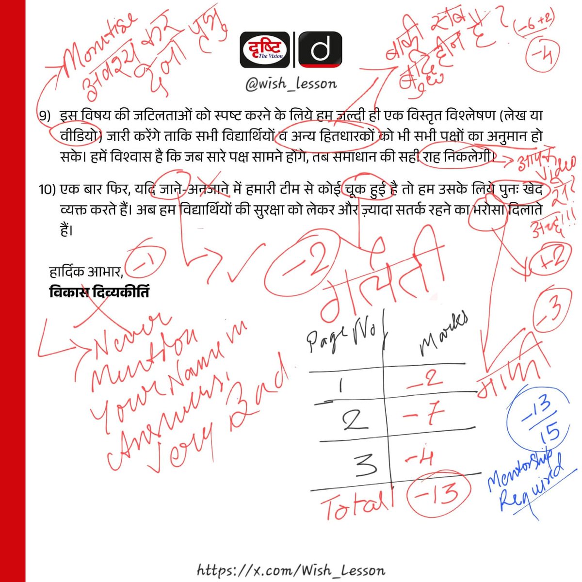 यह विकास दिव्यकीर्ति जी के दृष्टि IAS ने प्रेस विज्ञप्ति जारी की है। इस प्रेस विज्ञप्ति को उसी तरह से बच्चों ने चेक कर दिया है जैसे ये बच्चों की कॉपी चेक करते हैं।

विकास दिव्यकीर्ति की यह एथिक्स की विज्ञप्ति जांचने के बाद उन्हें "-13" अंक प्राप्त हुए हैं।

इस विज्ञप्ति को जांचने