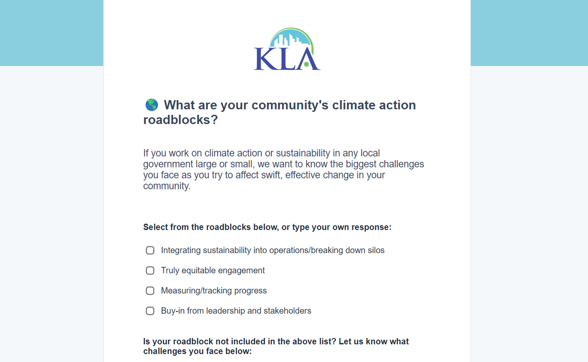 🚧What are your community's biggest climate action roadblocks?🚧

If you work on climate action or sustainability in any local government, take our 30-second poll to let us know what difficulties you've faced in your sustainability and resilience journey: hubs.ly/Q02HbCVr0