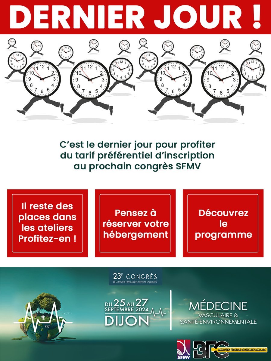 C'est le moment où jamais si vous n'êtes pas encore inscrit au 23ème congrès SFMV de DIJON ! Le tarif préférentiel d'inscription se termine ce soir à minuit !
congres.sfmv.fr