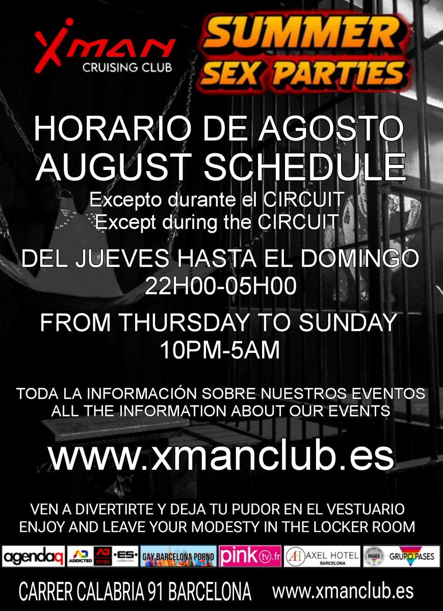 SUMMERSEXPARTIES en <a href="/ClubXman/">XMAN CLUB BARCELONA 6K</a>
HORARIO DE AGOSTO    AUGUST SCHEDULE.
<a href="/ADUFF_NET/">ADUFF® EVENTS 🔜 MISTER DADDY EUROPA 2026</a> <a href="/addicted_offic/">🔞 ADDICTED & AD FETISH Official (75K)</a> <a href="/AgendaQ/">AgendaQ</a> <a href="/GayBcnPorno/">Gay Barcelona Porn 100K 🔞</a> <a href="/axelfriendly/">Axel Hotels</a> <a href="/PinkTVFR/">communication@pinktv,fr</a> <a href="/grupopases/">GRUPO PASES</a> <a href="/rawfuckklub/">RAW LECHE 🔞</a>