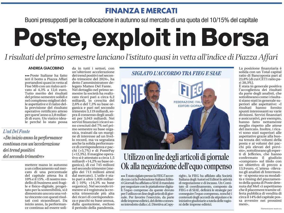 andreagiacobin1's tweet image. #Poste, exploit in Borsa. Su Il Tempo 31/07/24. #borsaitaliana @PosteItaliane #semestrale @tempoweb