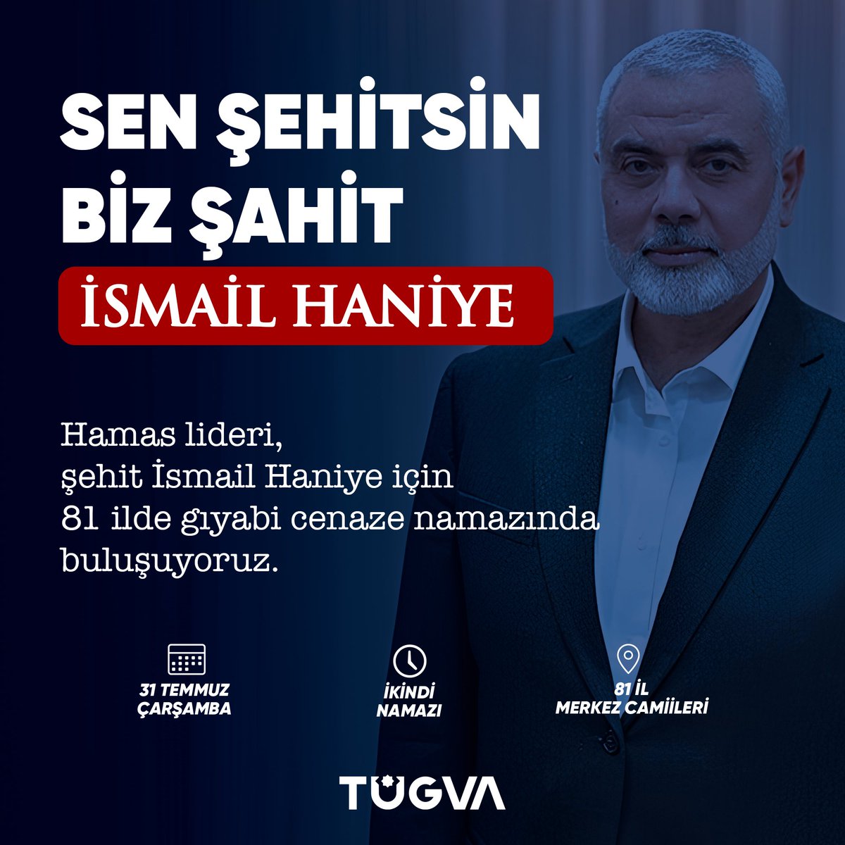 Sen şehitsin, biz şahit!

İşgalci katil İsrail'in, siyonist köpeklerin kalleş suikastı sonucu şehit olan Hamas lideri İsmail Haniye için, Filistin'deki kardeşlerimizin yalnız olmadığını göstermek için ikindi namazında buluşuyor, İsrail'i lanetliyoruz!

📍 81 İl Merkez Camiileri