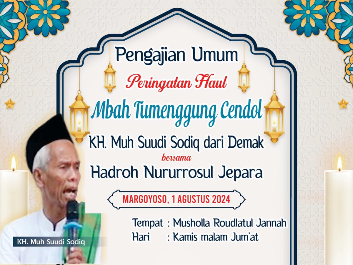 #PengajianUmum Dalam Rangka Haul Mbah #TumenggungCendol.

Pembicara KH. Muhammad Suudi Sodiq dari Demak, didampingi Hadroh Nururrosul Jepara.