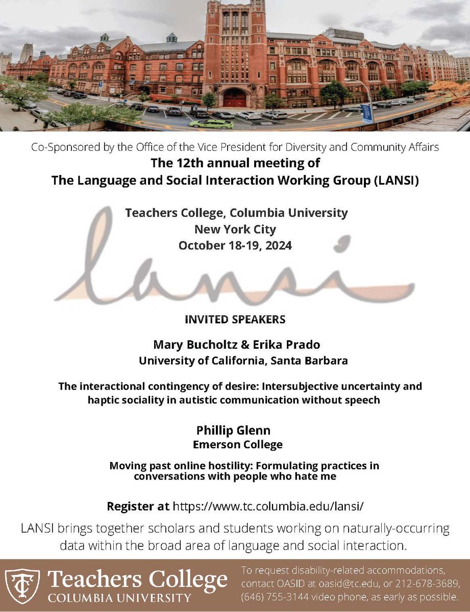 🥁 🥁🥁Registration for #lansi2024 is now open🥁🥁🥁tc.columbia.edu/lansi/conferen… 

Check out the program: tc.columbia.edu/lansi/conferen… <a href="/ISCAupdates/">International Society for Conversation Analysis</a> <a href="/AAALGrads/">AAAL Grads</a> <a href="/LingSocAm/">Linguistic Society of America</a> 

See you in October <a href="/TeachersCollege/">Teachers College, Columbia University</a> in New York City!

Please help us spread the word! 🙏😄🙏