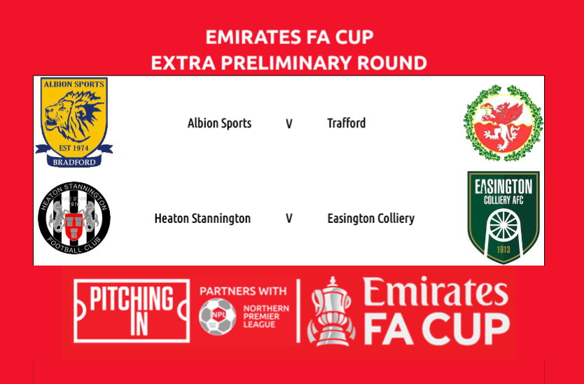 NorthernPremLge's tweet photo. The Road to Wembley starts tonight with the first competitive matches of the season.

Here are tonight's @EmiratesFACup matches featuring the @PitchingIn_ NPL

@AlbionSportsAFC 2000 @FCTrafford
@Heatonstan v @Easington https://t.co/xvf7uEGSk1