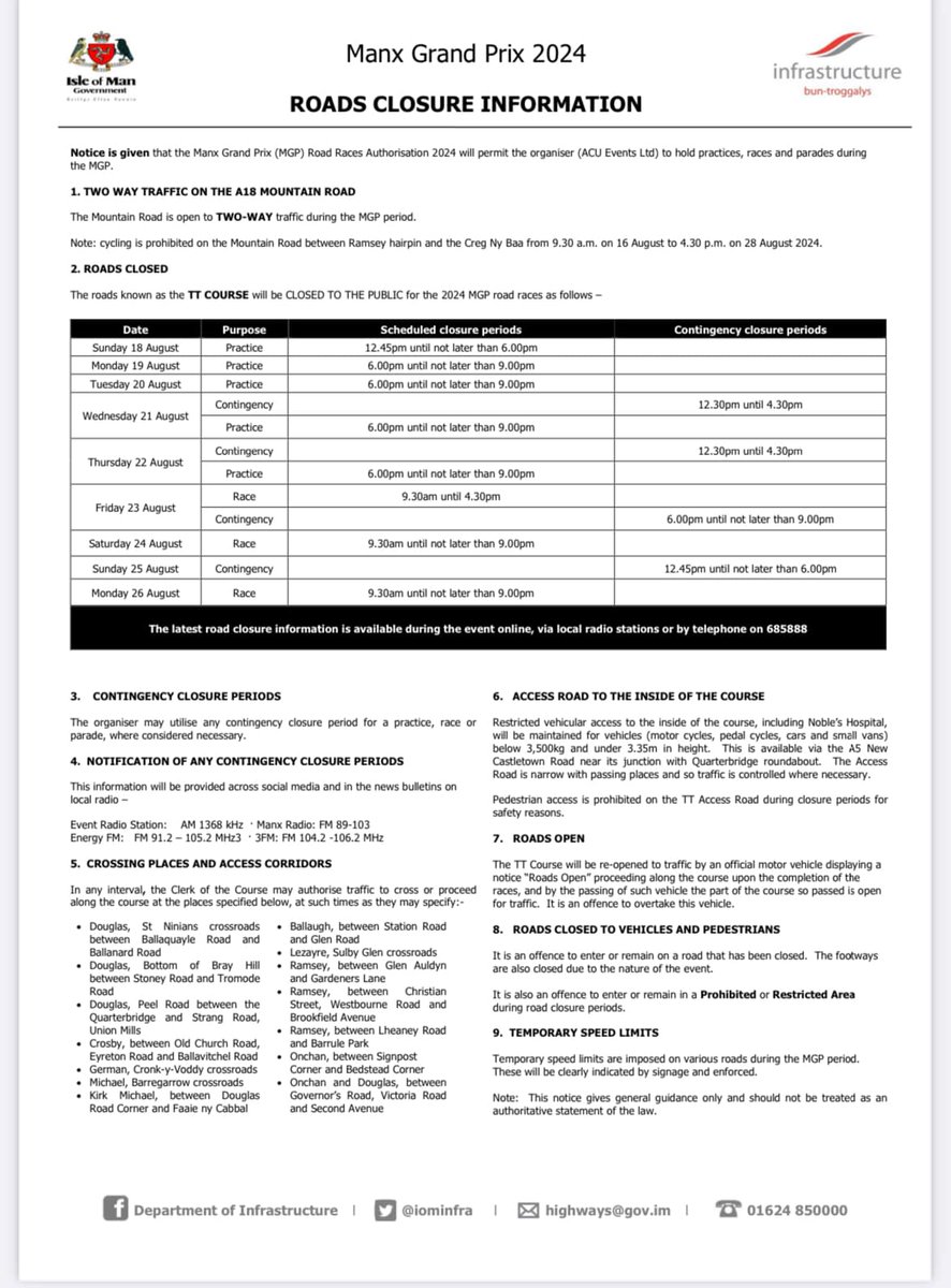 upcoming Manx Grand Prix road closures 🏍️🇮🇲