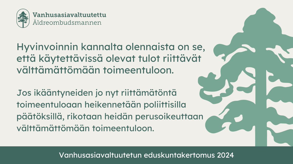 Vanhusasiavaltuutetun saamissa yhteydenotoissa toimeentulon ongelmat ovat usein esillä. Osa pienituloisista iäkkäistä tinkii jopa ruuasta ja lääkkeistä rahanpuutteen vuoksi. Ikääntyvillä ei useinkaan ole mahdollisuutta parantaa taloudellista asemaansa. 1/