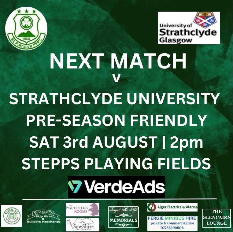 St Patrick's FP FC (@stpatricksfpfc) on Twitter photo 🟢⚪️ NEXT MATCH 🟢⚪️
Our Caledonian team travel to Stepps to face <a href="/StrathFootball/">Strathclyde University Football Club</a> in our final pre-season game.
🆚 Strathclyde University.
📅 Saturday 3rd August.
🕑 2pm kick off.
🏟️ Stepps Playing Fields.
🏆 Pre-season Friendly. 🟢⚪️ NEXT MATCH 🟢⚪️
Our Caledonian team travel to Stepps to face <a href="/StrathFootball/">Strathclyde University Football Club</a> in our final pre-season game.
🆚 Strathclyde University.
📅 Saturday 3rd August.
🕑 2pm kick off.
🏟️ Stepps Playing Fields.
🏆 Pre-season Friendly.