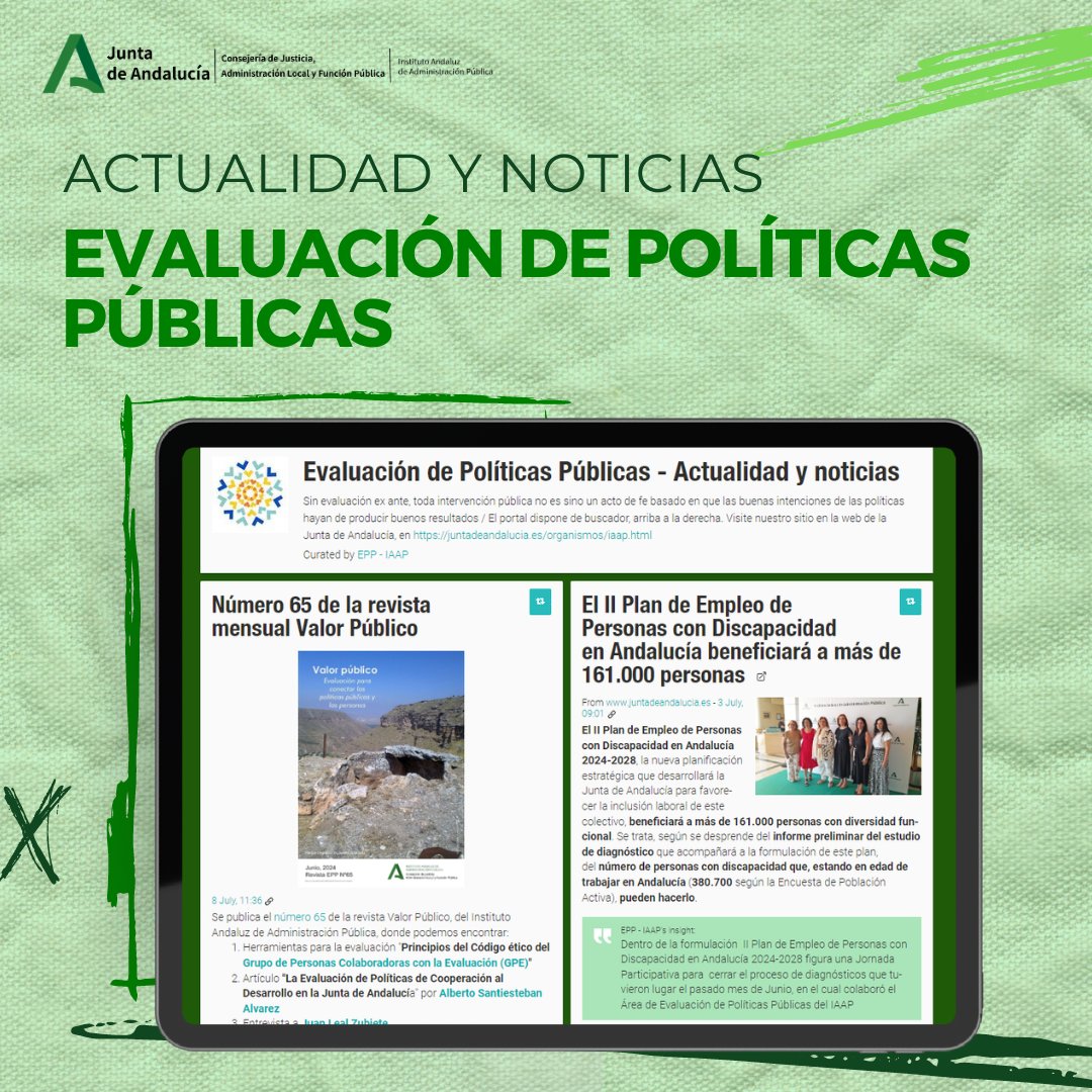 💻📚Conoce toda la actualidad y noticias disponibles sobre Evaluación de Políticas Públicas

➡️Revista mensual Valor Público, Boletín de #EPP, guías y ¡mucho más!

🔗scoop.it/topic/evaluaci…

#IAAP #ConsejeriaJusticia #JuntadeAndalucia