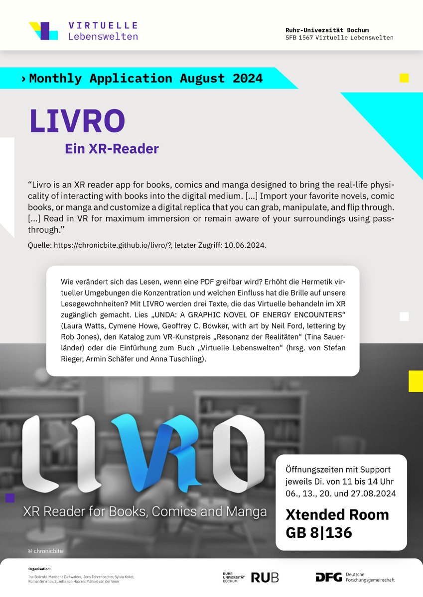 SFB1567's tweet image. Die neue #MonthlyApplication August 2024 „LIVRO“ überträgt die physische Interaktion mit Büchern auf das digitale Medium. 
➡️ virtuelle-lebenswelten.de/blog-post/mont…