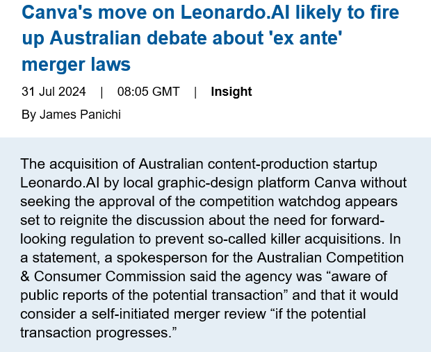 Australian tech unicorn Canva's $100m+ deal with AI startup LeonardoAI was done without the knowledge of the competition regulator -- less than a week after the govt released new draft merger laws that are partly designed to crack down on killer acquisitions