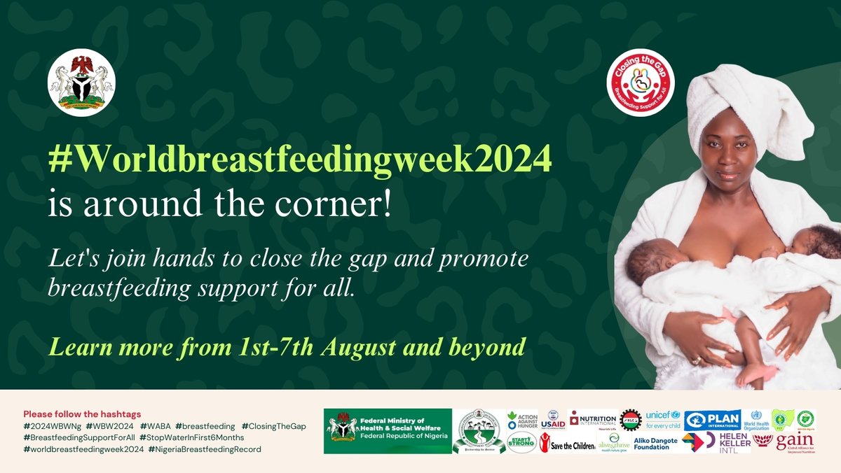 #WorldBreastfeedingWeek2024 is approaching! Let's come together to close the gap &amp; support breastfeeding for everyone. Join us from August 1st to 7th &amp; beyond to learn more #WBW2024 #breastfeeding
#ClosingTheGap
#BreastfeedingSupportForAll
#NigeriaBreastfeedingRecord
@fmohnigeria