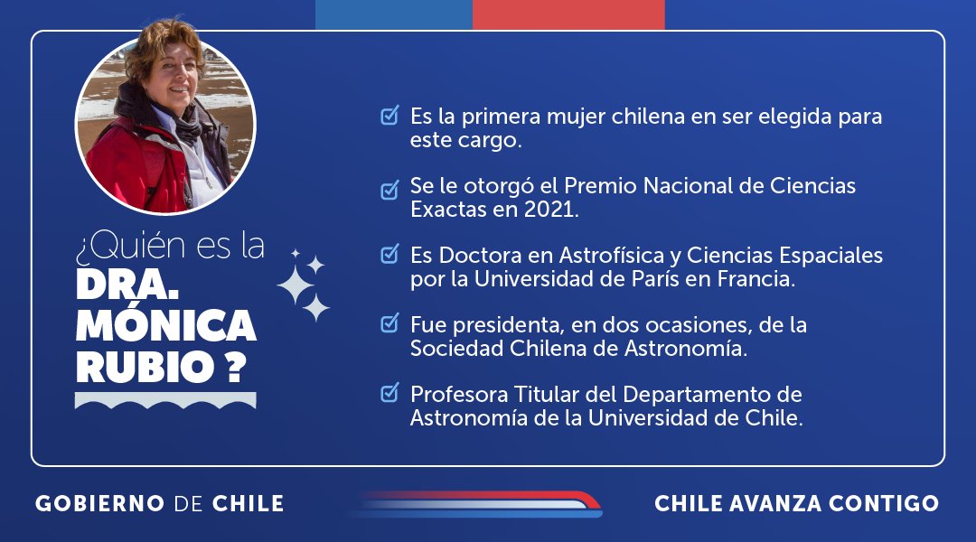 ¡Dra. Mónica Rubio es la primera mujer chilena en el Comité Ejecutivo de <a href="/IAU_org/">International Astronomical Union (IAU)</a>! 🇨🇱🔭

En el marco de la XXXII Asamblea General de la Unión Internacional de Astronomía, Rubio fue elegida como una de las vicepresidentas de la instancia directiva de la organización científica.