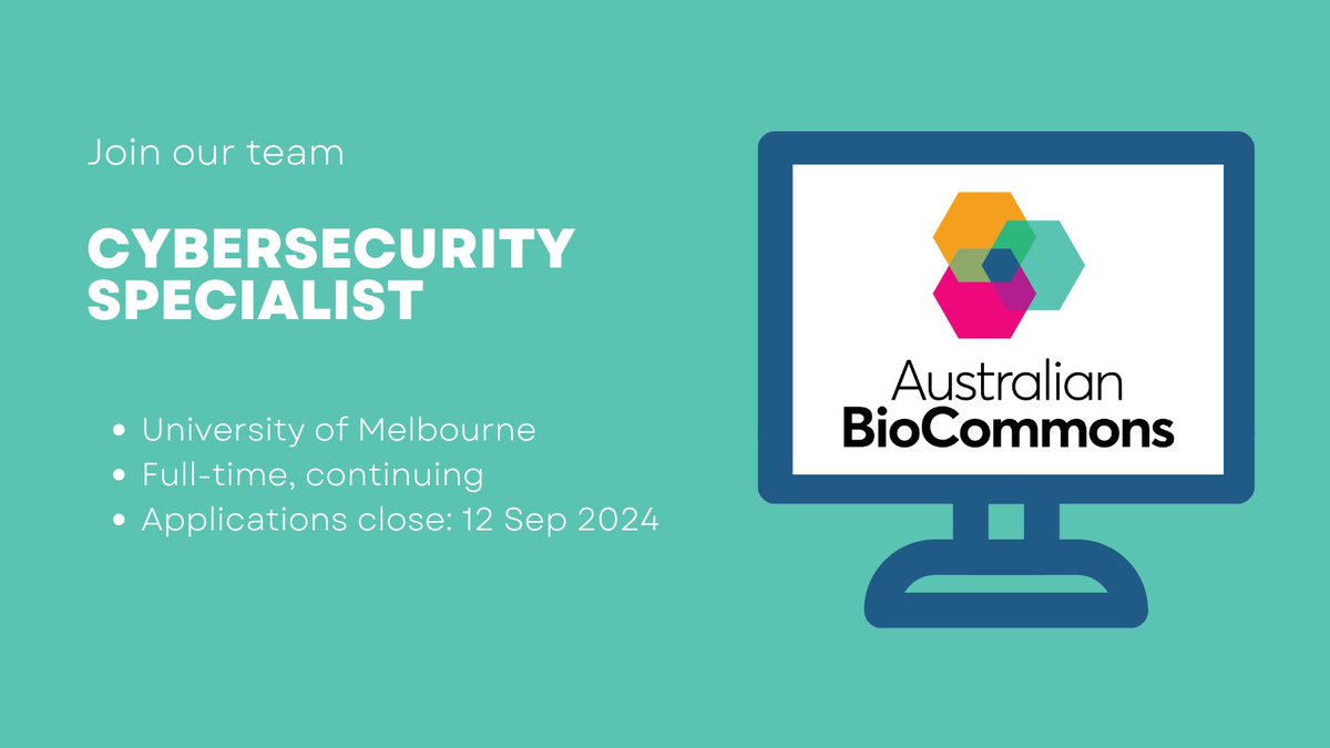 Australian BioCommons (@ausbiocommons) on Twitter photo 🚨 we're hiring!
Seeking a #cyber security specialist to lead our #cybersecurity efforts
You'll be responsible for security #policy, process, and #compliance for sensitive life sciences data platforms
Apply via <a href="/UniMelb/">University of Melbourne</a> jobs portal jobs.staff.unimelb.edu.au/ci/en/job/9179… 🚨 we're hiring!
Seeking a #cyber security specialist to lead our #cybersecurity efforts
You'll be responsible for security #policy, process, and #compliance for sensitive life sciences data platforms
Apply via <a href="/UniMelb/">University of Melbourne</a> jobs portal jobs.staff.unimelb.edu.au/ci/en/job/9179…