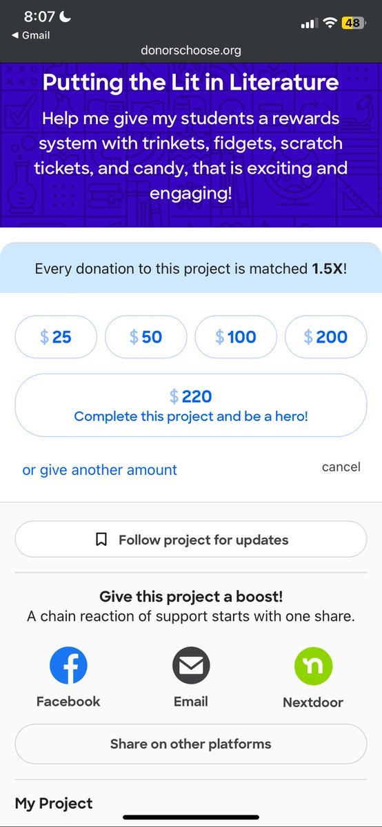 Thanks to another donor it’s only $220 to bring the JOY to reading. Please consider a small donation during this match. Middle school is rough and encouraging students to read is hard. Thank you 🙏 donorschoose.org/project/puttin… <a href="/wkamaubell/">W. Kamau Bell</a> would you repost