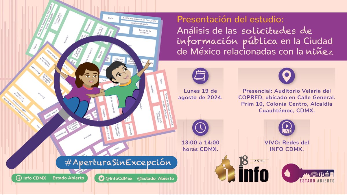 Estado_Abierto's tweet photo. #AperturaSinExcepción | ¡Únete el próximo 🗓️ 19 de agosto a la #Presentación del estudio: Análisis de las solicitudes de información pública🔎 en la #CDMX relacionadas con la #niñez 👧🏽🧒🏾‼️

🕐 13:00 a 14:00 horas
📍 Auditorio Velaria del @COPRED_CDMX https://t.co/uodwwFcbAl