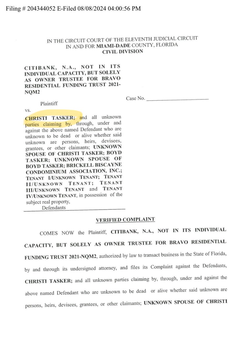 TheLegacyPAC's tweet photo. On the same day @christi4miami was endorsed by fraud group @VFAFWarroom she was hit with a lawsuit by @Citibank 

#ChristiTasker hadn’t paid her mortgage for 3YRS 

She was also arrested for assaulting @MiamiPD in April. No way is this woman fit for office @MiamiYRs @MiamiHerald https://t.co/kqlYQNOTLr