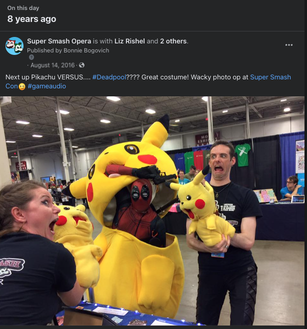 SuperSmashOpera's tweet image. How fitting, with the recent release of "Deadpool and Wolverine," that this photo should pop up in our feed!
From a fun double-cosplay encounter at @SuperSmashCon in 2016, our puppet of Pikachu ran into another Pikachu... who was really.... #Deadpool in disguise! Dun Dun Dunnnnn!