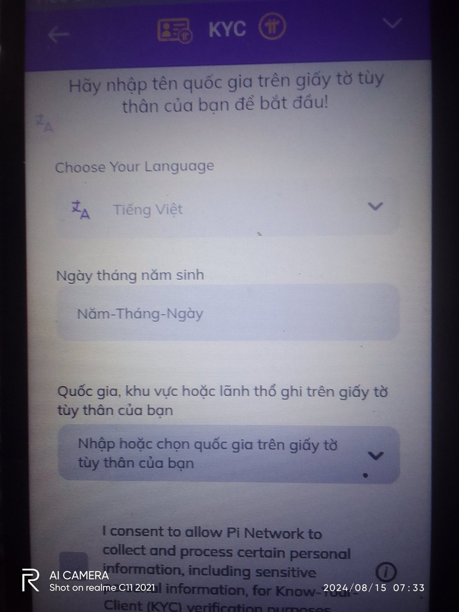 Update  Pinetwork trên diện dộng;Kyc đã có thêm mục nhập thông tin: Ngày /Tháng/Năm Sinh @