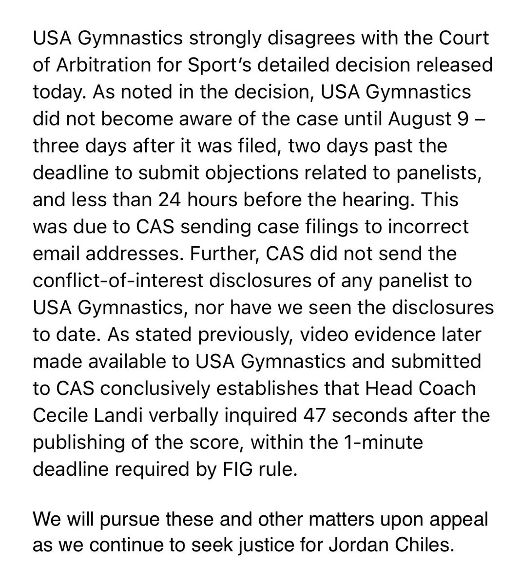 Christine Brennan (@cbrennansports) on Twitter photo USA Gymnastics’ statement this evening noting the incorrect email addresses CAS used, among other issues. USA Gymnastics’ statement this evening noting the incorrect email addresses CAS used, among other issues.