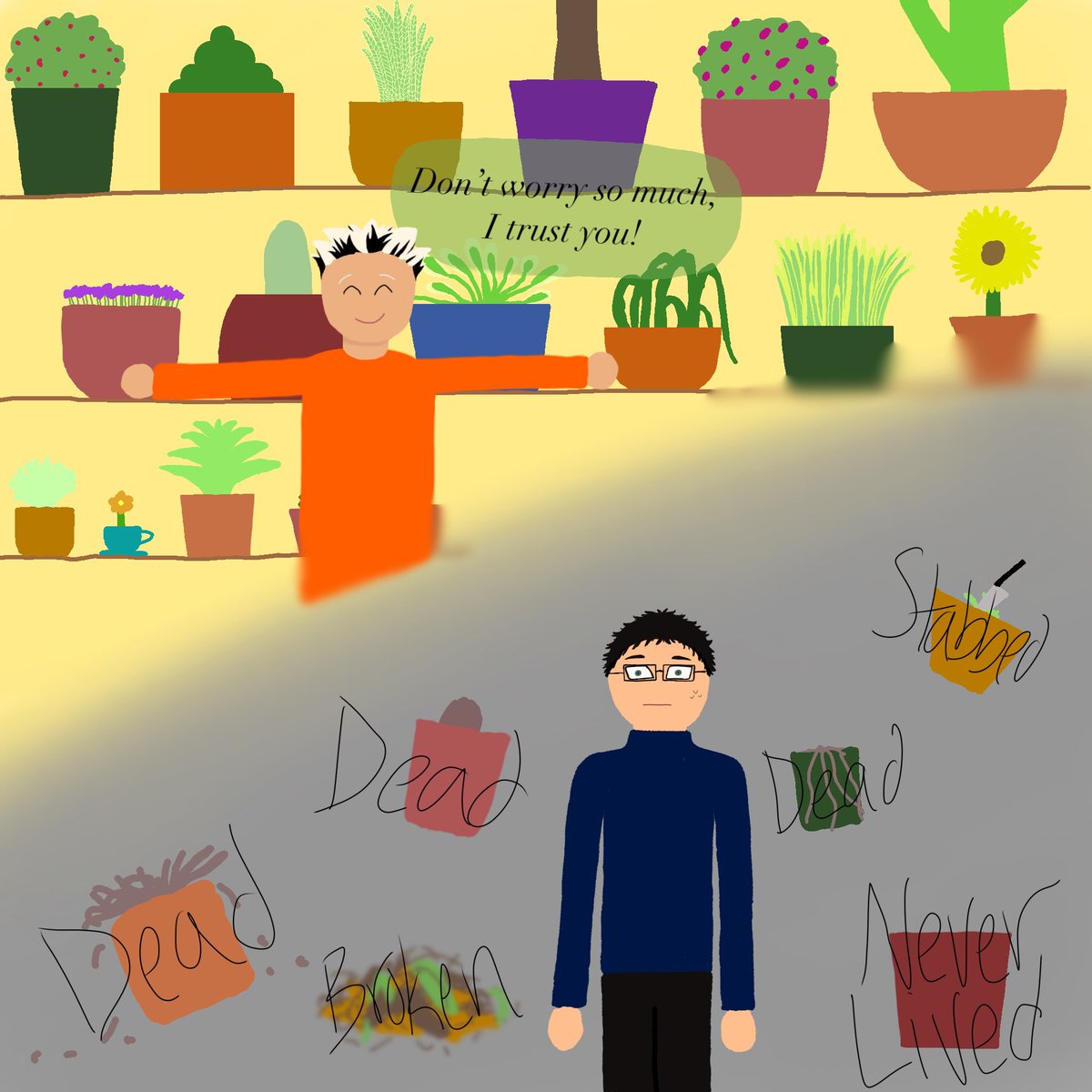 SapphireRuby24's tweet photo. it’s time to post my second piece for the @TheyR_Roommates mini bang!! for my second team, i worked with writer @eurydicees01 and beta @sayura93!! the fic they worked on will be linked when it’s posted 💕
🌿 bokuaka where Bokuto loves plants and Akaashi can’t keep them alive 🌺 https://t.co/gx0LNgHFbM