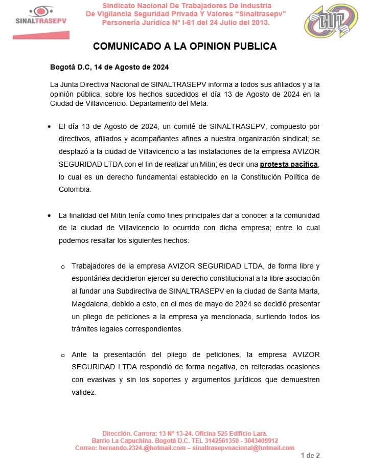 Sinaltofficial's tweet photo. La Junta Directiva Nacional de Sinaltrasepv se permite publicar Comunicado a la Opinión Publica sobre los hechos del 13 de Agosto de 2024 en las instalaciones de la Empresa Avizor Seguridad Ltda en la ciudad de Villavicencio. Meta. https://t.co/1wQ5I8ik8k