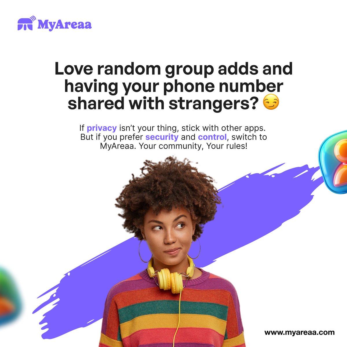 MyAreaa_inc's tweet photo. Why settle for less when you can have more? Upgrade to MyAreaa for secure, spam-free communication. 

#MyAreaa #PrivacyFirst #Communitycentric #canadacommunity https://t.co/L1UlxORNTC