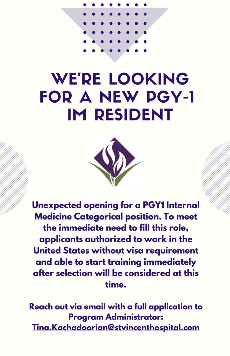SVH Worcester IM residency (@svhmedres) on Twitter photo Unexpected opening for a PGY1 Internal Medicine Categorical position with Saint Vincent Hospital, Worcester, Massachusetts.
Reach out via email with a full application to the Program Administrator: Tina.Kachadoorian@stvincenthospital.com Unexpected opening for a PGY1 Internal Medicine Categorical position with Saint Vincent Hospital, Worcester, Massachusetts.
Reach out via email with a full application to the Program Administrator: Tina.Kachadoorian@stvincenthospital.com