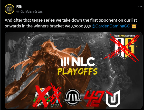42Gaming_'s tweet photo. We win against @RichGangstas and are therefore in the finals of the @NLClol DIV 2 playoffs

#42WIN https://t.co/4GsXr8Rp3V