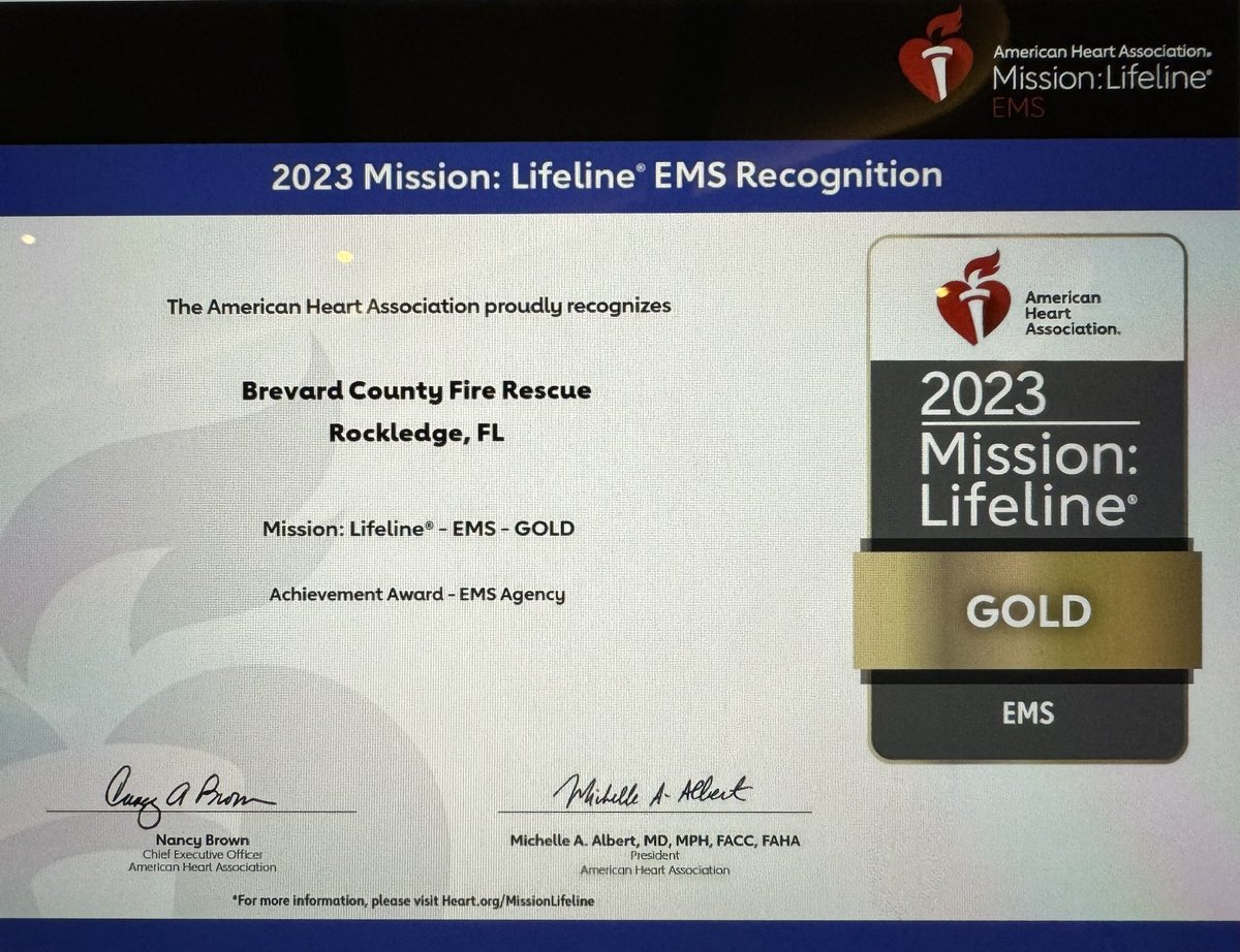 BCFREMS receives the American Heart Association 2023 Mission Lifeline “Gold” Achievement Award for delivering excellence in cardiac care. A BIG thank you to #BCFREMS personnel for their unwavering commitment to delivering quality care to Brevard County residents &amp; guests. #EMS