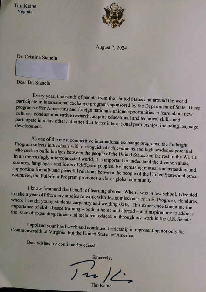Thank you, Senator <a href="/timkaine/">Tim Kaine</a>,  for this kind letter! It was a pleasure and honor to represent <a href="/VCU/">VCU</a> during my Fulbright Canada Research Chair time at <a href="/KingsAtWestern/">King's at Western</a> in Canada this spring.