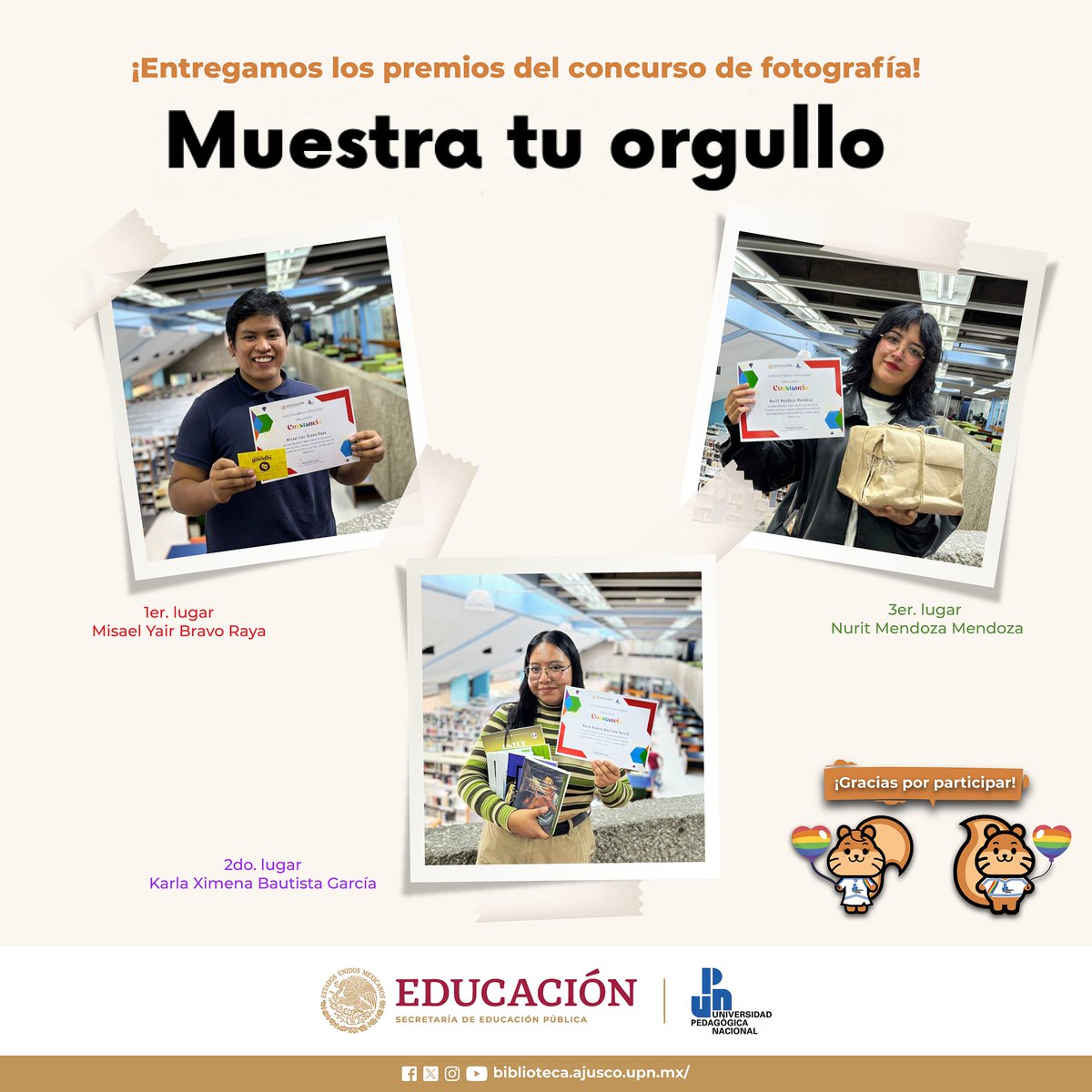 bibliogtq's tweet photo. 📸✨ ¡Los premios del concurso de fotografía "Muestra tu Orgullo" ya han sido entregados! 🎉👏

Agradecemos a todas(os) las(os) participantes por su creatividad y pasión, y a la comunidad de la Universidad Pedagógica Nacional por su valiosa participación para las votaciones. https://t.co/EUaVT8xTZG