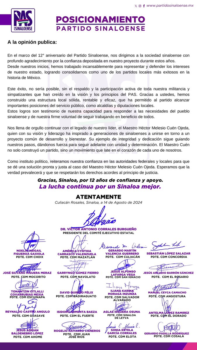 Posicionamiento institucional del #PartidoSinaloense