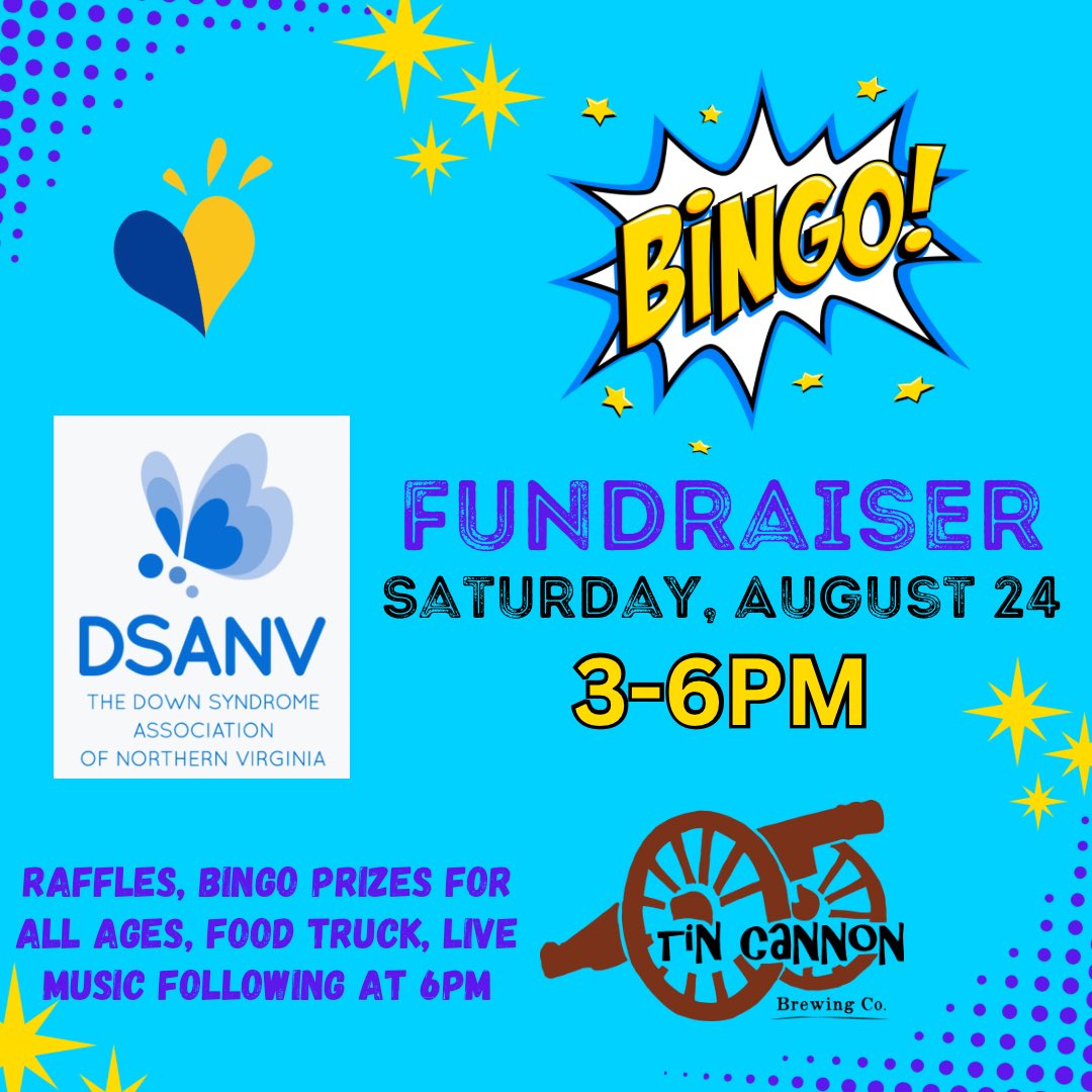 Bring the whole family and play bingo for a great cause on Saturday, August 24, from 3-6PM!! Prizes for all ages, raffles, Vienna Inn Food Truck! Live music will follow at 6PM! Donations benefit Down Syndrome Association of Northern Virginia. 💙💛