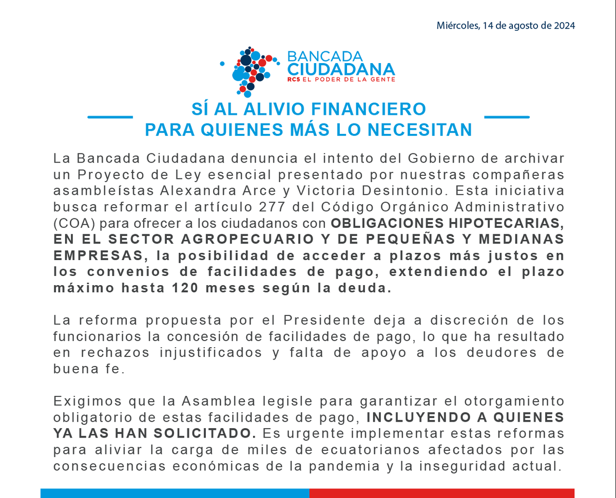 📢 La Bancada Ciudadana denuncia el intento del Gobierno de archivar un Proyecto de Ley crucial para los ciudadanos con obligaciones hipotecarias en el sector agropecuario y PYMEs. Exigimos que la Asamblea legisle para garantizar facilidades de pago justas, asegurando apoyo a