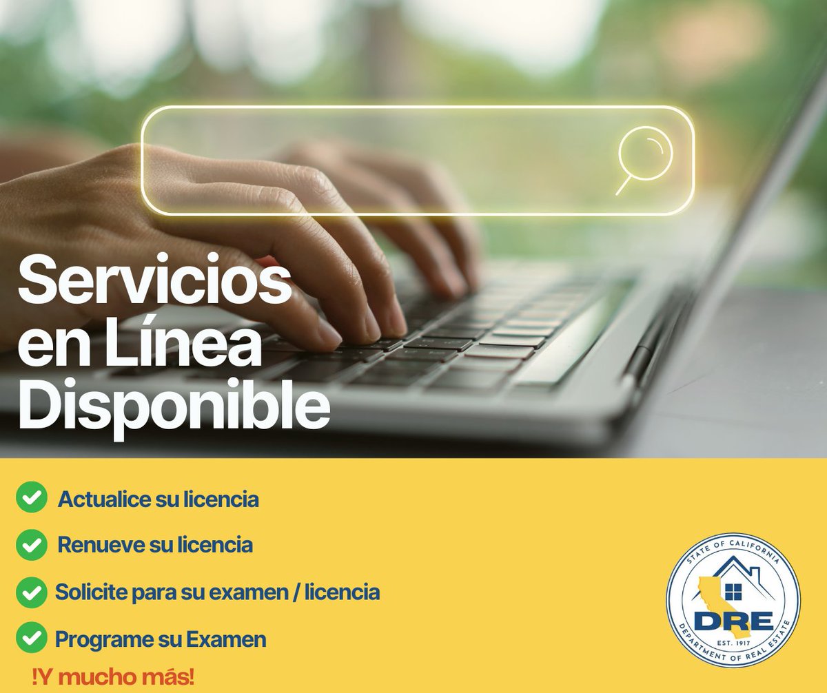 ca_dre_esp's tweet photo. ¡Tenemos servicios en línea disponible! Desde cambios de dirección postal hasta servicios de exámenes, visite a nuestras herramientas en línea, incluyendo nuestro sitio de eLicensing. https://t.co/k6HXkKpcRX https://t.co/3Vemti2vvc