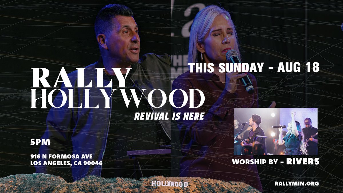 RallyMinistry's tweet photo. Join us this Sunday for Rally Hollywood. A night of worship, prayer and a word just for you! Be part of this amazing time as we come together and be revival to Hollywood!
.
Will serving coffee and more for you to enjoy. See you there.
.
Aug 18 - 5pm.
.
https://t.co/yAkxt3ktfU https://t.co/LzYt5mT1px