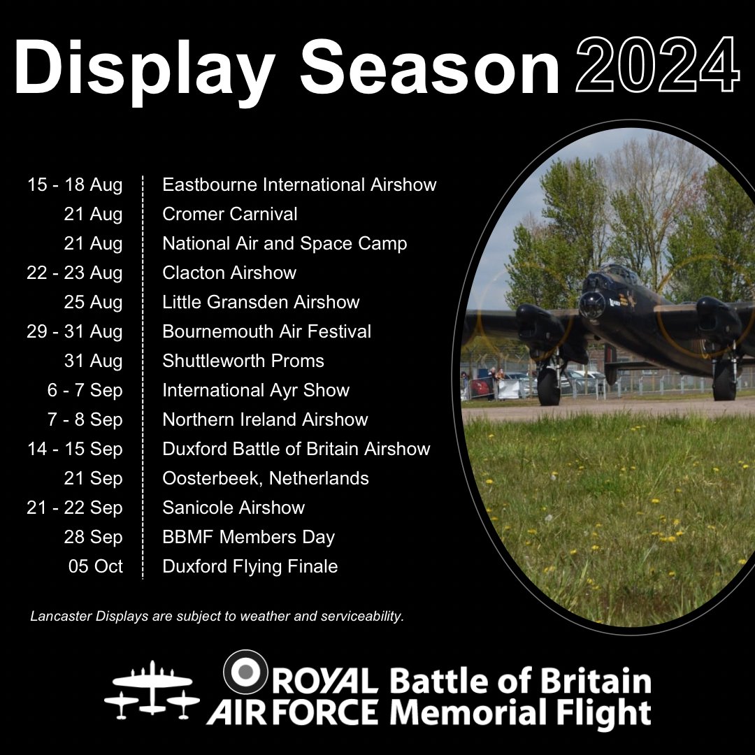 Our Lancaster is back gracing the skies this season, and we’re now delighted to confirm our display schedule!
 
Where are you looking forward to seeing us display? ✈️
 
Please note, this does not include flypasts and is subject to weather and serviceability.

#Lancaster #Displays